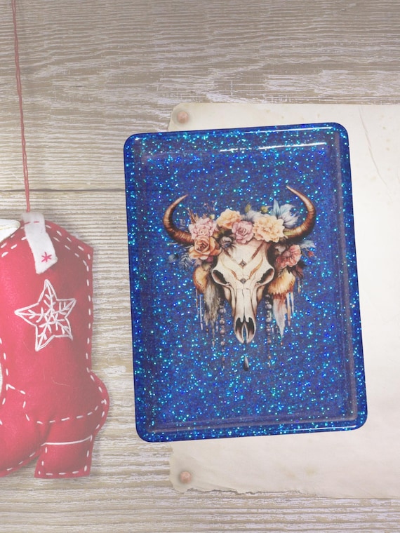 Western Bull Skull Trinket Dish, Blue Glitter Tray