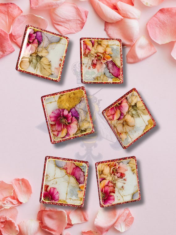 Set of 6, 4" Floral Resin Coasters
