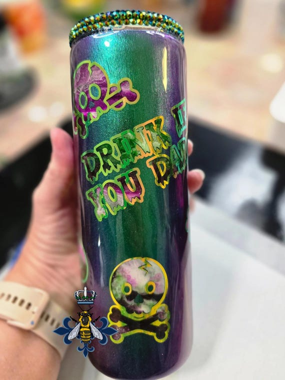 20oz Stainless Steel Tumbler Skulls Drink if you Dare, Alcohol Ink, Chameleon Shift Peek a boo Skull, Purple, White, Green, Rhinestone Lid