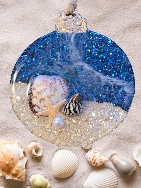 Epoxy Ocean Ornament, shells, glitter, ocean waves, acrylic blank