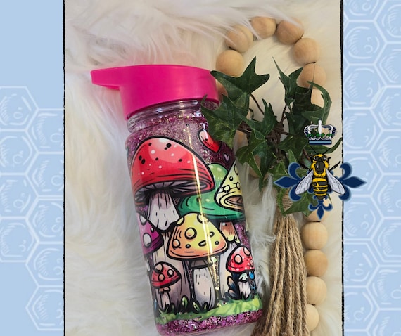 12 oz Acrylic Pink Mushroom Acrylic Snowglobe water bottle,  pink chunky glitter, glitter, snowglobe, kids drinkware, hydro lid