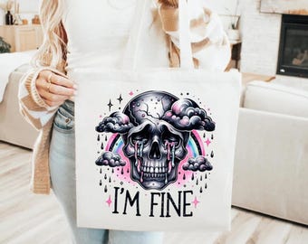 Bolsa de mano con diseño de calavera "I'm Fine", bolsa de lona "I'm Fine" para uso diario, regalo para Halloween, playa, compras y salidas informales.