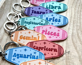 Zodiac Vintage Motel Key Fob, Personalized Gifts