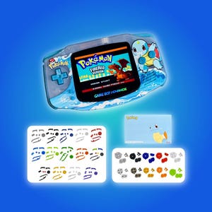 May include: A translucent blue Game Boy Advance handheld console featuring a Squirtle graphic and a screen displaying the Pokémon FireRed Version title. Included are two rectangular sheets of assorted colorful replacement buttons and a Squirtle card.