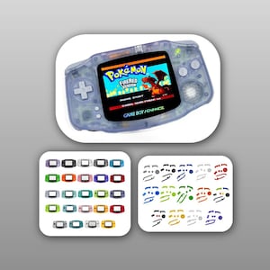 May include: A transparent purple Game Boy Advance handheld console displaying the Pokémon FireRed Version title screen, accompanied by two charts showing various color options for the console shell and individual button components.