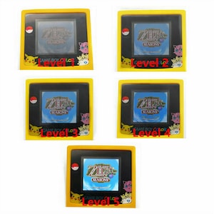 May include: Five yellow Game Boy Color handheld gaming devices with black screens. Each device has a different level displayed on the screen, from Level 1 to Level 5. The game cartridge is The Legend of Zelda: Oracle of Seasons.