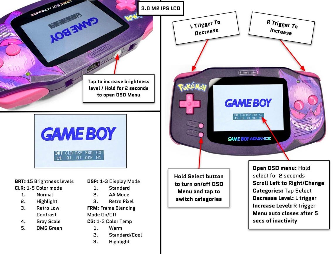Nintendo Game Boy Advance GBA 3.0 M2 IPS Uv- Printed Pokémon Console w/ USB-C Battery [Pick your Color], foto 3 di 5
