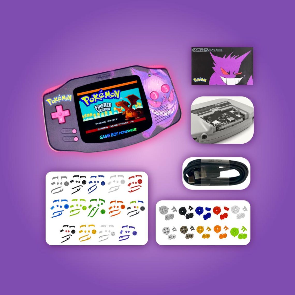 Nintendo Game Boy Advance GBA 3.0 M2 IPS Uv Pokemon Console Gengar Purple w/ USB-C Battery [Pick your buttons], foto 1 di 5