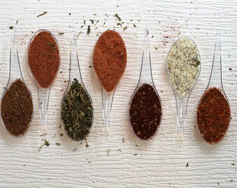 Choose Seven Seasoning Mixes, herbs and spices, spice mixes or dry rubs. Great gift ideas.  Perfect for outdoor grilling.
