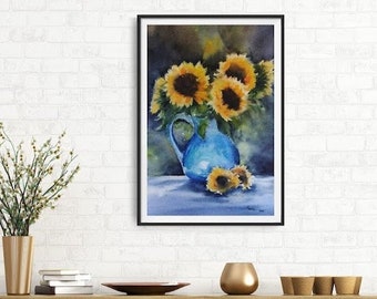Blue Vase Sunflower Watercolor Art Print - Sunflower Décor - Sunflower Fall Décor - Sunflower Artwork - Sunflower Art Décor, Sunflower Print
