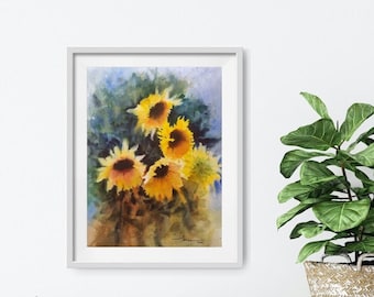 Yellow Sunflowers Abstract Watercolor Art Print - Sunflower Poster - Sunflower Wall Art, Sunflower Art Décor, Sunflower Watercolor Print Art