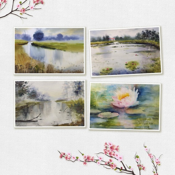 Watercolor Postcards Set of 4 Cards Serene Lake River 