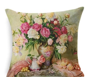 Pink peony roses flowers in a vase french country vintage painting retro style square linen cushion throw pillow cover