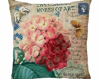 Pink red hydrangea flowers butterfly french country vintage postcard retro style square linen cushion throw pillow cover