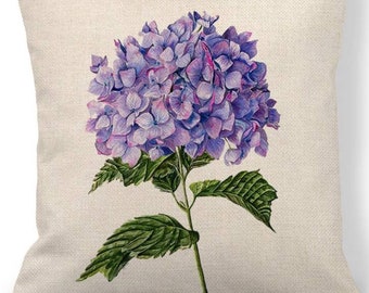 Flores de hortensia púrpura, cojín de lino cuadrado estilo rústico francés cojín cubierta de almohada