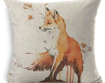 Red fox autumn leaves watercolour painting style burnt orange square linen cotton blend cushion pillow cover