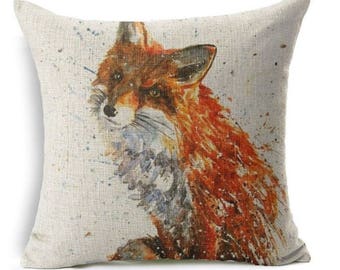 Red fox watercolour painting style square linen cushion pillow cover