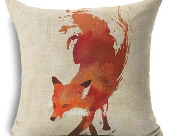 Red fox watercolour painting style square linen cushion pillow cover