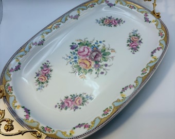Bandeja ovalada vintage de Limoges, Francia, con asas doradas, bandeja de porcelana floral pintada a mano, bandeja de tocador francesa, decoración rústica.