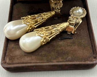 Authentic Vintage Christian Dior Clip-On Earrings, 1980s Henkel & Grosse Germany, Faux Pearl Drop Statement Earrings