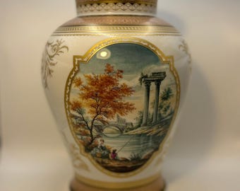 Jarrón de porcelana Kaiser Belvedere vintage de K. Nossek, porcelana fina alemana de mediados de siglo, con paisaje clásico romántico y dorado.