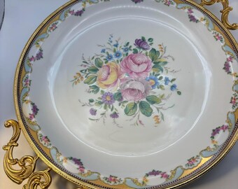 Cuenco redondo vintage de Limoges, Francia, con asas doradas, plato de porcelana floral pintado a mano, centro de mesa francés, decoración rústica chic.