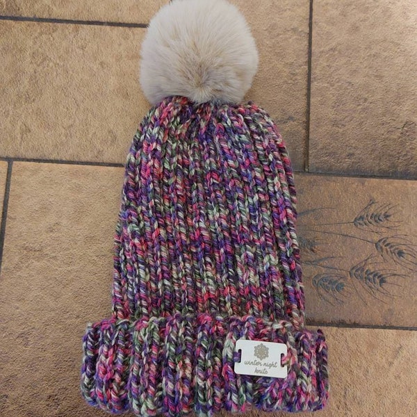 Chunky ribbed  bobble hat with faux fur pompom
