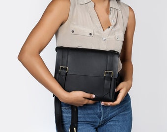 Handmade Black Leather Crossbody Bag: Small Personalized Messenger