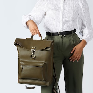 Olive Leather Rucksack, Leather Backpack women, Womens laptop bag, Personalized Laptop backpack, Designer backpack, Unisex backpack