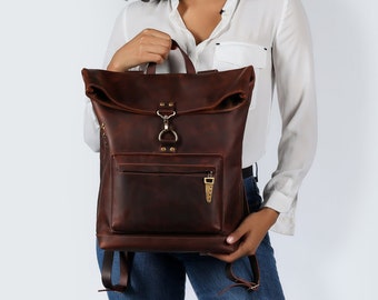 Brown backpack roll-top, leather backpack for women, unique design backpack