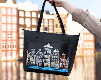 Leather Tote - Amsterdam Illustrated Design, artistic drawing on a leather bag, cute dutch houses on a leather tote bag