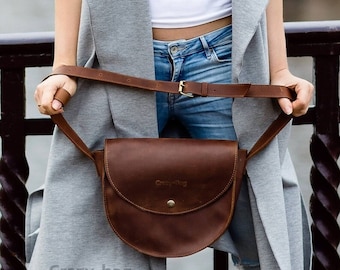 Leather Saddle bag Messenger Bag Women Crossbody Vintage Satchel Brown Handbag
