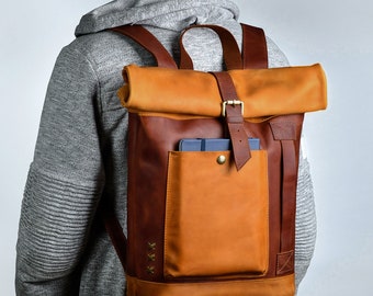 Leather Rolltop backpack Personalized Roll Top Backpack Men Women Rucksack Travel Backpack Laptop Leather Backpack