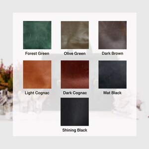 This image displays the various natural leather color options offered by the Wilderoe team. These options include Forest Green, Olive Green, Dark Brown, Light Cognac, Dark Cognac, Matte Black, and Shiny Black.