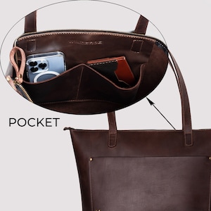 This image provides a detailed look inside the licht cognac-colored leather tote shopping bag, showcasing two internal convex pockets, high-quality stitching, and an antique-colored zipper.