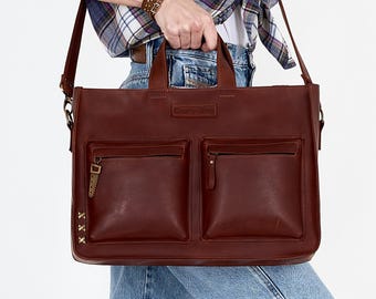 Bolso de cuero personalizado para portátil: bolso de trabajo tipo cartera para mujer de 15"