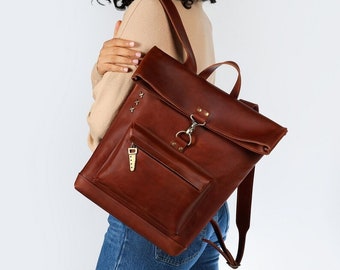 Cognac Leather Rolltop Backpack: Personalized 15" Laptop Rucksack