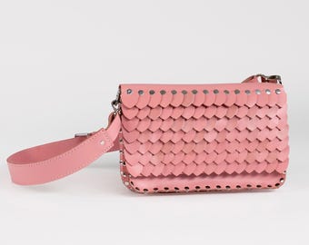 Pink Leather Dragon Scale Bag: Hand-Cut Shoulder Bag