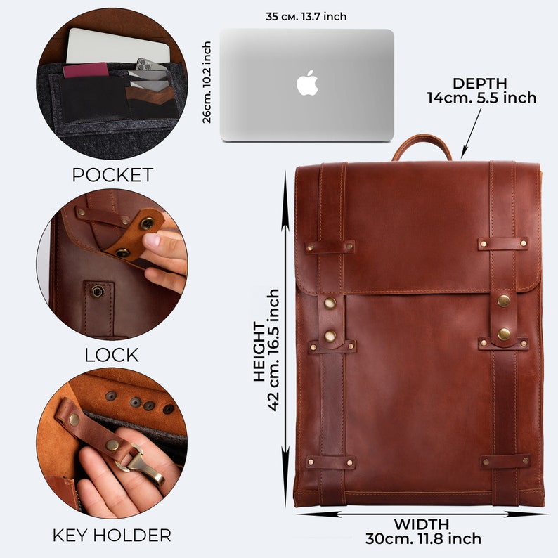 The vegetable-tanned leather is processed without dyeing, giving it a natural shimmer and pleasant feel. Ideal for a Christmas gift, this backpack offers practicality with soft pockets for a laptop, phone, notepad, and cardholders.