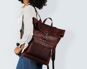 Brown backpack roll-top, leather backpack for women, unique design backpack