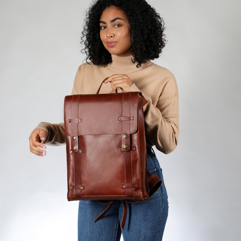 Brown Leather Backpack, Handcrafted Womens Laptop Bag, Unisex Personalized Backpack, Rucksack, Distressed leather bag image 1