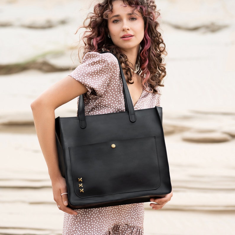 Black leather tote bag for women