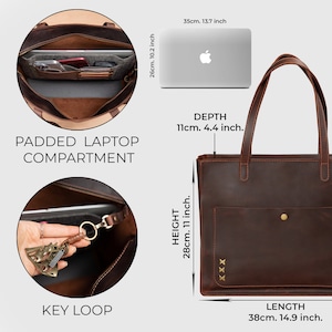 Roomy leather bag for laptop, passport, cards and key loop