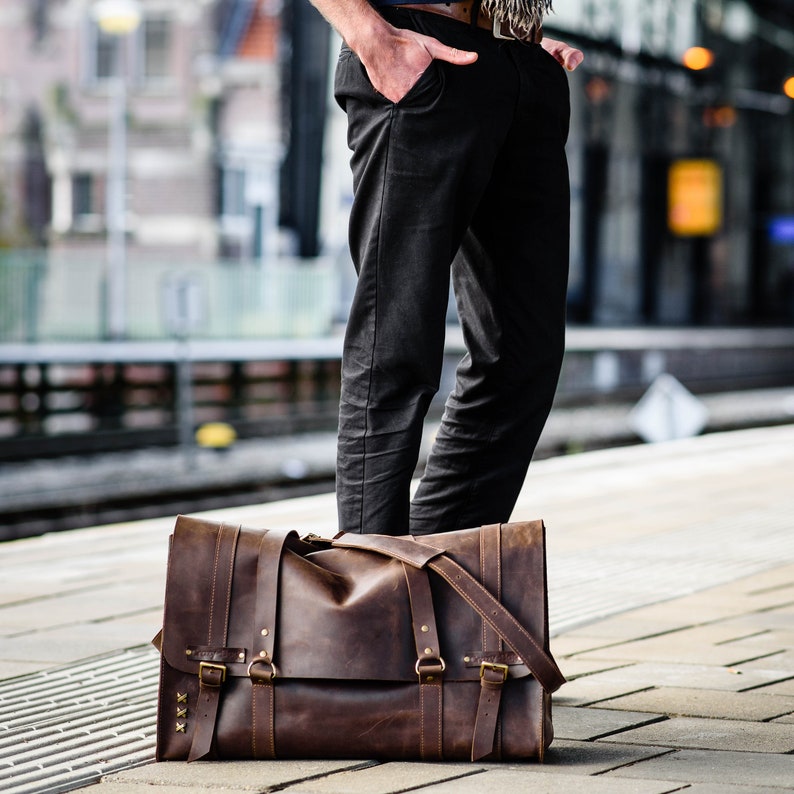 The bag is great for carry-on luggage when traveling. It is made of durable soft leather.