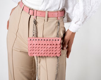 Leather Belt Bag Pink Crossbody Purse Waist Bag Women Shoulder Bag Belt and Bag Gift for Her