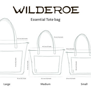 This image is a hand-drawn sketch illustrating three sizes of cognac-colored genuine leather tote bags. The small size tote bag is on the left, the medium size is in the center, and the large size tote bag is on the right.