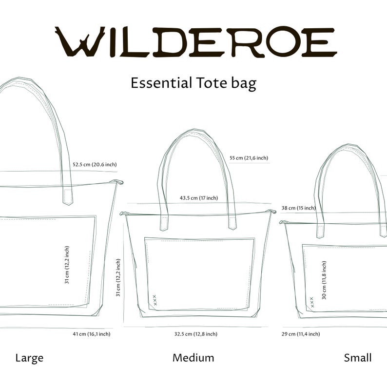 This image is a hand-drawn sketch illustrating three sizes of cognac-colored genuine leather tote bags. The small size tote bag is on the left, the medium size is in the center, and the large size tote bag is on the right.