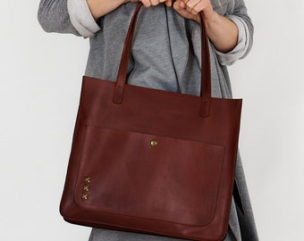 Brown Leather Tote Bag, Personalized Leather Bag, Crossbody Bag, Laptop Tote Bag
