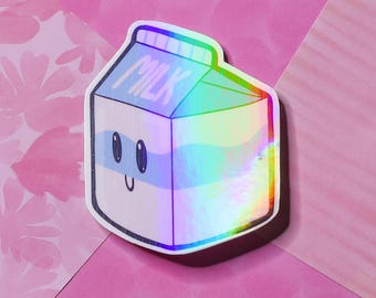Pegatina holográfica de cartón de leche kawaii: vinilo impermeable de 7,6 cm