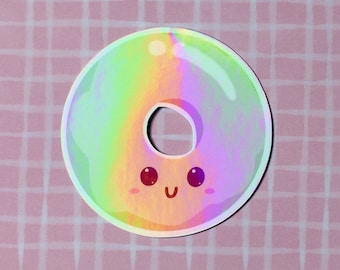 Pegatina holográfica de dona kawaii (vinilo holográfico de 7,6 cm)